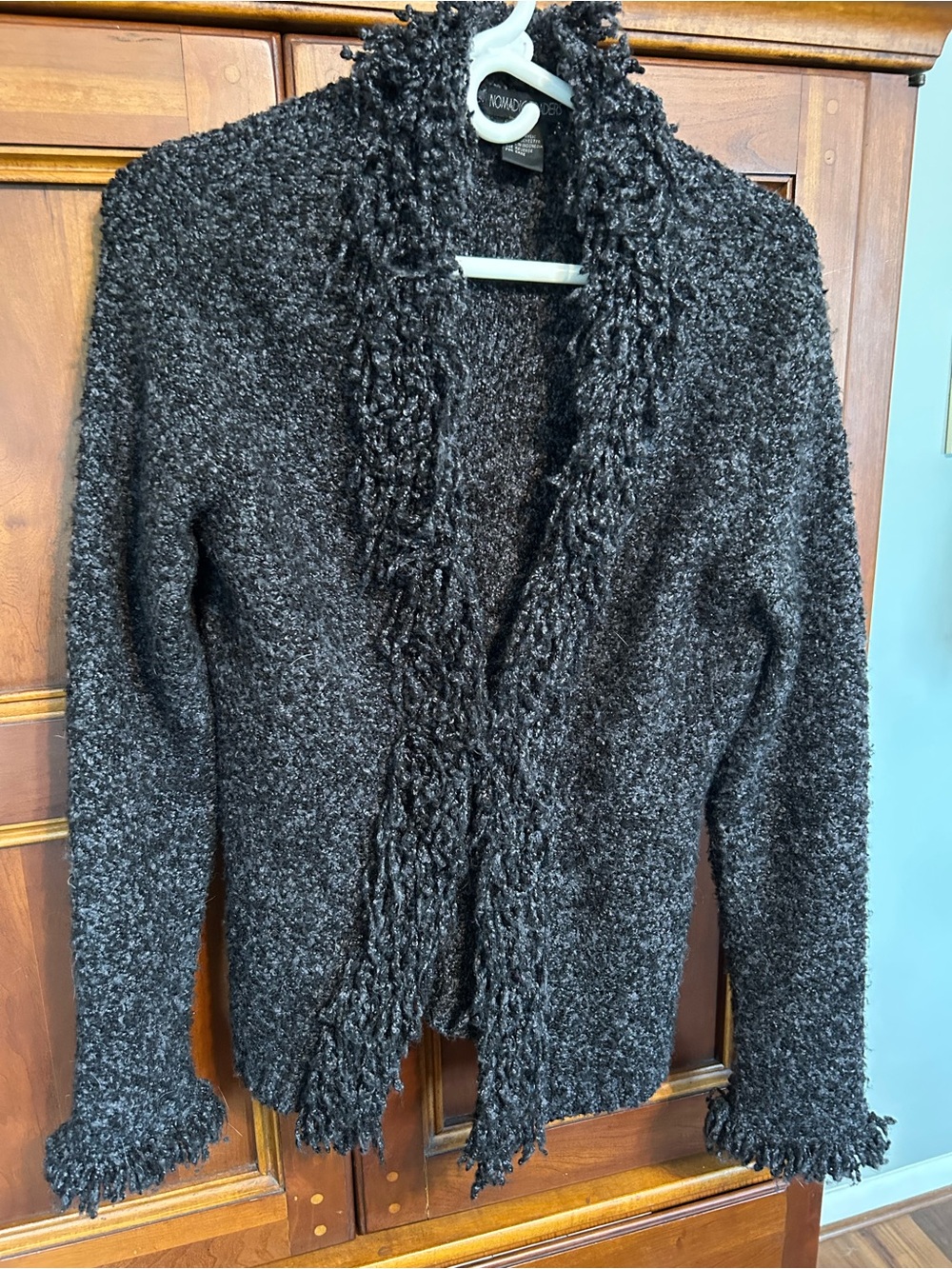 Nomadic Traders Black Textured Open-Front Cardigan with Fluffy Trim
